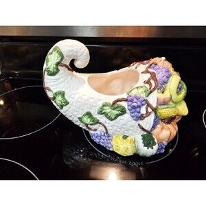 Vintage Fruit & Vine Cornucopia Planter Ceramic by New Holland Floral,